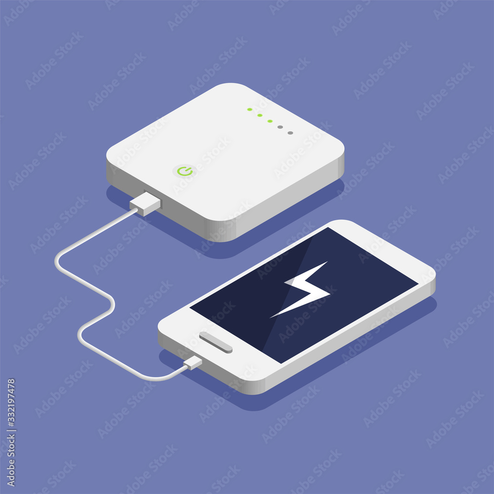 Poster low battery. isometric smartphone charging with external power bank. database storage device concept