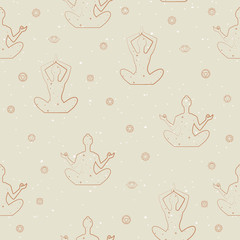 ПечатьSeamless pattern with woman in yoga poses and chakras sing in one line style. Editable vector illustration.