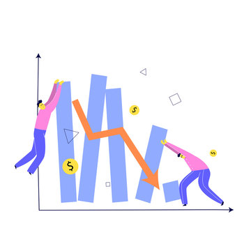 Vector illustration of two men trying to keep stylized graph from falling. Investment failure, business collapse, financial crisis concept.