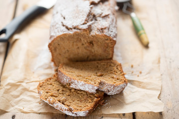 Banana bread with peanut butter and icing sugar