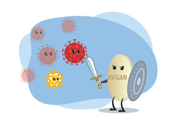 Brave avigan with sword and shield fights with virus covid vector isolated. Medical prescription concept. Antibiotic treatment. Vector flat cartoon character.