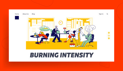 Professional Burnout Syndrome Landing Page Template. Exhausted Business Characters at Work Sitting at Table with Head Down and Low Battery Above, Overload, Tiredness. Linear People Vector Illustration