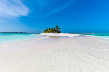 tiny little sandy island with palm tree and white sand beach in the turquoise lagoon of Cocos...