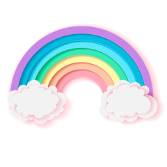 Stylized paper cutout rainbow and clouds isolated on white background. Paper pastel colored rainbow