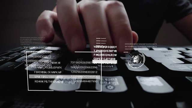 Man working on laptop computer keyboard with graphic user interface GUI hologram showing concepts of big data science technology, digital network connection and computer programming algorithm.