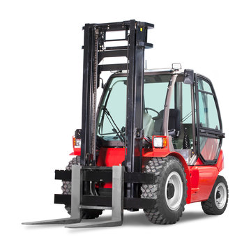 Vertical Masted Forklift Isolated on White Background. Side View of Red Rough Terrain Forklift Truck. Industrial Vehicle. Pneumatic Truck. Diesel Counterbalance Truck. Warehouse Equipment