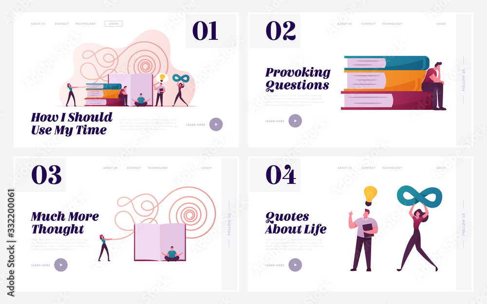 Poster philosophy contemplation and reflection landing page template set. philosophers tiny characters read