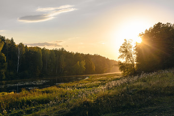 River at sunset in the summer. Landscape, Ural, Russia