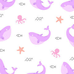 Cute whales, octopuses and starfish. Vector print. Cute hand drawn illustration. Print, posters, cards, wrapping paper, textiles, fabric.