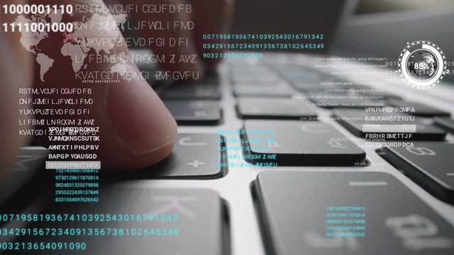 Time lapse of man working on laptop computer keyboard with graphic user interface GUI hologram showing big data science technology, digital network connection and computer programming algorithm.