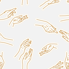 Abstract seamless pattern with female hands. Delicate, pastel colors. Outline drawing.