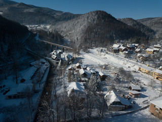 Aero winter landscape in mountain city Yaremche