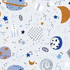 Vlies Fototapete Kosmos Nahtloses Muster der netten Raumelemente. Kindliche Vektorillustration. Nahtloses Muster mit Karikaturraum, Planeten und Sternen. Kosmos-Gekritzelillustration.