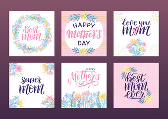 Set of Happy Mothers Day lettering greeting cards. Mothers day cute quotes. Spring wildflowers with hand drawn texture. Vector illustration eps 10