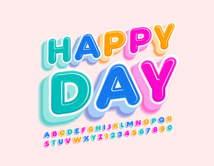 Vector greeting card Happy Day with 3D colorful Font. Bright Alphabet Letters and Numbers