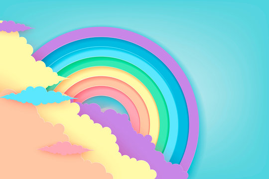 Stylized Paper Cutout Rainbow And Clouds Background. Paper Pastel Colored Rainbow. Vector Art And Illustration