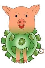 Swine flu. A domestic pig is a carrier of a dangerous disease. Collage of a pig and a virus. Vector in a flat style. Isolated on a white.
