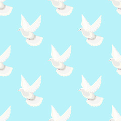 Seamless pattern with shiny white doves flying in one direction in a blue sky. Vector illustration.