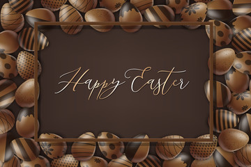 Easter poster or banner. Cholocate eggs with decoration on brown background. Golden lettering. Vector illustration.
