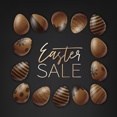 Easter poster or banner. Cholocate eggs with decoration on black background. Golden lettering. Vector illustration.