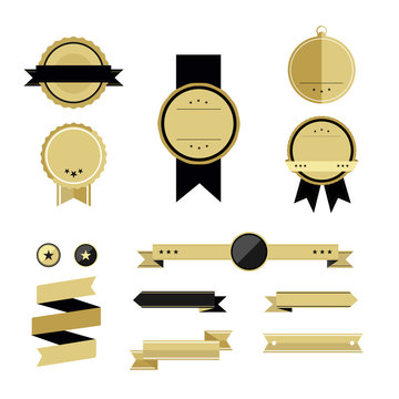 Set of gold premium badges and ribbons. Label badge. Gold medal with stars. No text. Mockup. Flat design, vector illustration. 