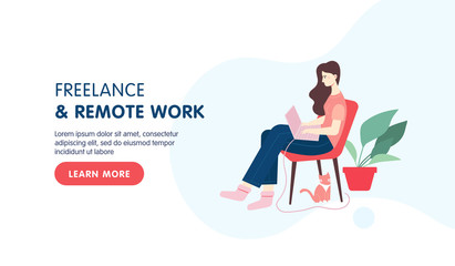 Home office workplace landing page design. Freelance or remote work design concept. Female freelancer working remotely from her laptop in the chair.