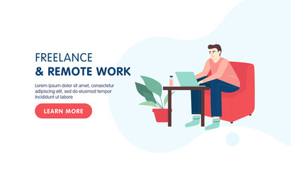 Home office workplace landing page design. Freelance or remote work design concept. Male freelancer working remotely from his laptop in the chair. Vector flat cartoon illustration