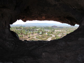 View through the Hole-in-the-Rock formation at Papago Park located in Phoenix and Tempe, Arizona...
