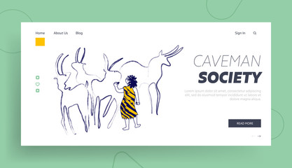 Obraz na płótnie Canvas Ancient Period of Human Civilization Landing Page Template. Little Child Caveman Character Wearing Pelt Painting Animals on Cave Wall. Neanderthal People Culture and Art. Linear Vector Illustration