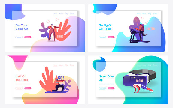 Virtual Reality Technology for Sports Workout Landing Page Template Set. Male Female Characters Use Augmented Reality Entertainment, Recreation in Gym Running, Fighting. Cartoon Vector Illustration