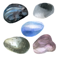 Watercolor illustration. Sea stones. Set. Summer theme, beach and relaxation.