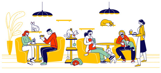 People Visit Cat Cafe. Male and Female Characters Sitting at Tables Drinking Beverages with Kittens Playing and Relaxing around. New Type of Hospitality Business Cozy Place. Linear Vector Illustration