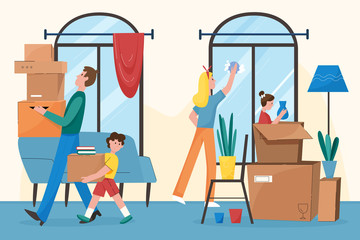 Happy family moving into new home flat character vector illustration concept. Parents with children housekeeping in modern apartment, mother and daughter clean windows, father and son carry card boxes