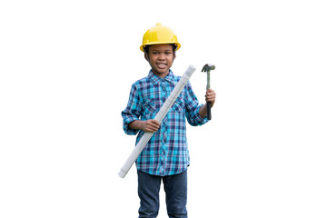 African American young boy in engineer holding blueprints and hammer wearing a yellow safety helmet on white background isolated.Education concept