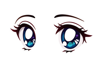 Happy anime style big blue eyes. Hand drawn vector illustration.