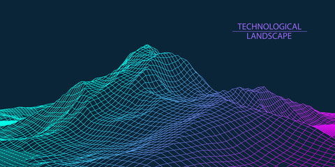 Digital terrain cyberspace in the mountains with valleys.Technological landscape of the future .3D grid technology illustration .  Vector .