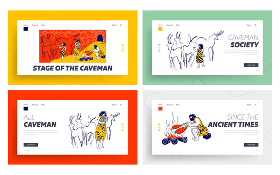 Primitive People Caveman Family Live in Cave Landing Page Template Set. Ancient Neanderthal Culture. Member of Tribe Characters Father, Mother and Children Lifestyle. Linear Vector Illustration