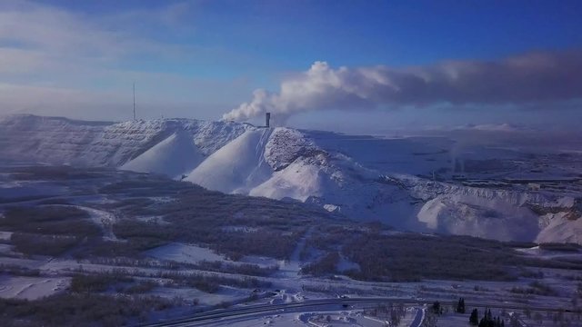Aerial winter sunny view of Kiruna, the northernmost town in Sweden, province of Lapland, Norrbotten County, footage shot from drone