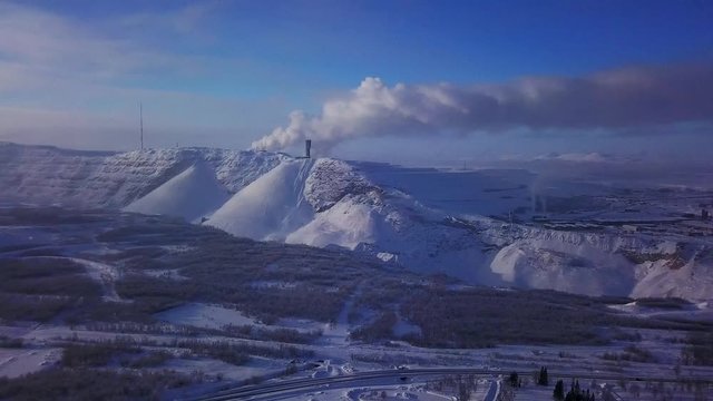 Aerial winter sunny view of Kiruna, the northernmost town in Sweden, province of Lapland, Norrbotten County, footage shot from drone