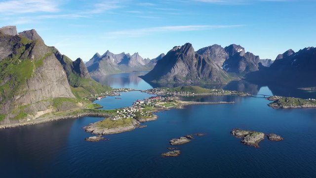 aerial view. flight over the Atlantic ocean,view on the fishing village Reine and Hamnoya .Lofoten Islands,Norway.