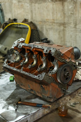 Truck engine cylinder block during repair