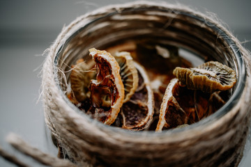Glass jar with dried fruits for decoration