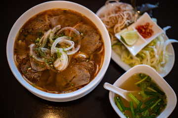 thai noodle soup with pork, top view