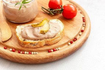 Homemade Chicken Liver Pate with Pickled Cucumber and Tomato and Fresh Crispy Whole Grain Bread
