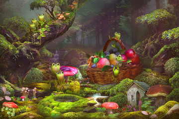 Illustration for children about frogs and a basket of blueberries and apples in the forest. Mushroom meadow. Digital collage , mural and fresco. Wallpaper. Poster design. Modular panno. © CYRUM
