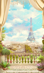 Beautiful view from the balcony, in white and red roses, of Paris and the Eiffel Tower. Digital collage , mural and fresco. Wallpaper. Poster design. Modular panno.