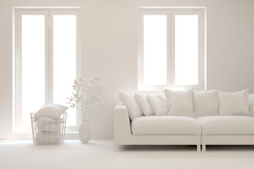 White minimalist living room with sofa. Scandinavian interior design. 3D illustration