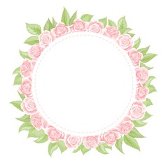 Pink cream rose frame in the shape of circle, hand draw vector illustration