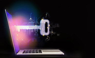 Cyber Security Key and Digital Security System Concept, Digital key unluck the laptop computer with binary digis data numbers on dark background