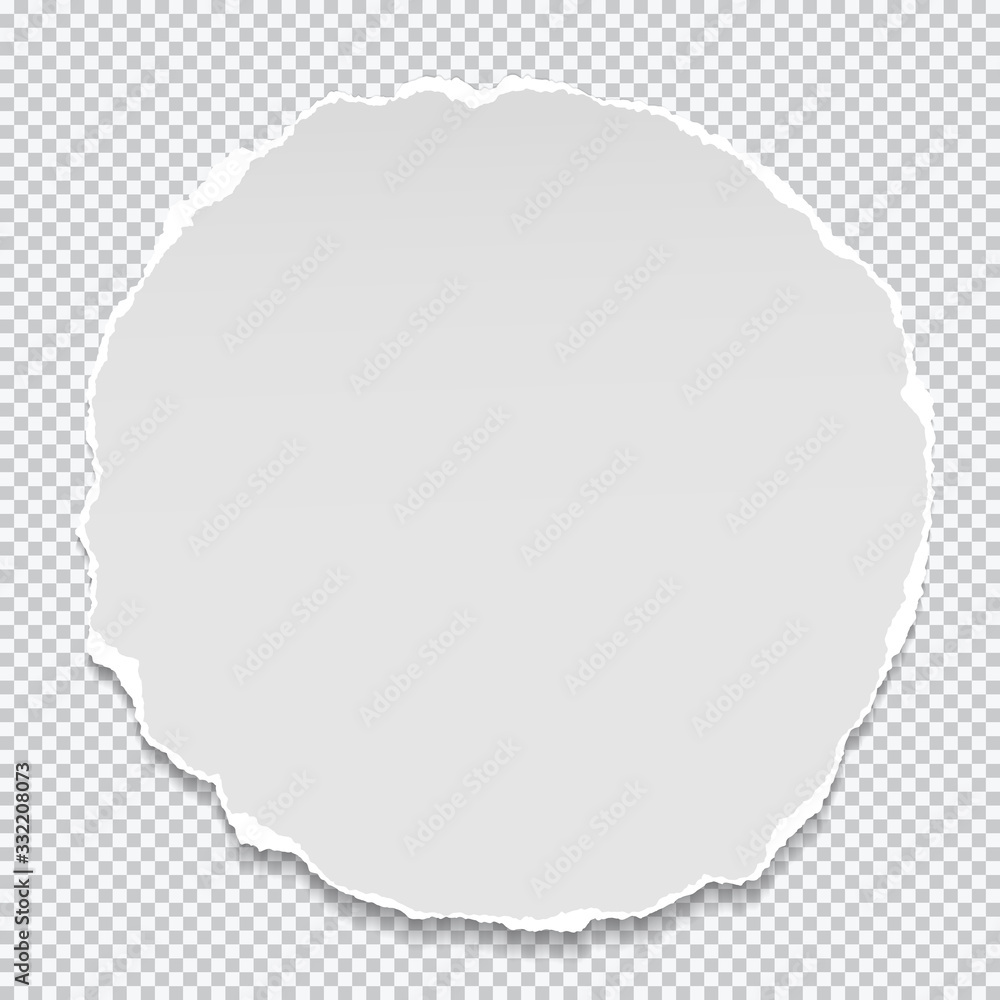 Poster piece of torn white circle note, notebook paper with soft shadow stuck on squared background. vector